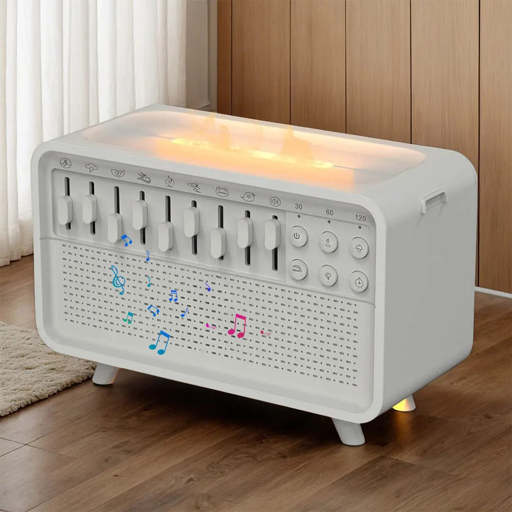 White Noise Machine Flame Air Diffuser Humidifier with 8 Nature Sounds BT Speaker Night Light Essential Oil Diffuser