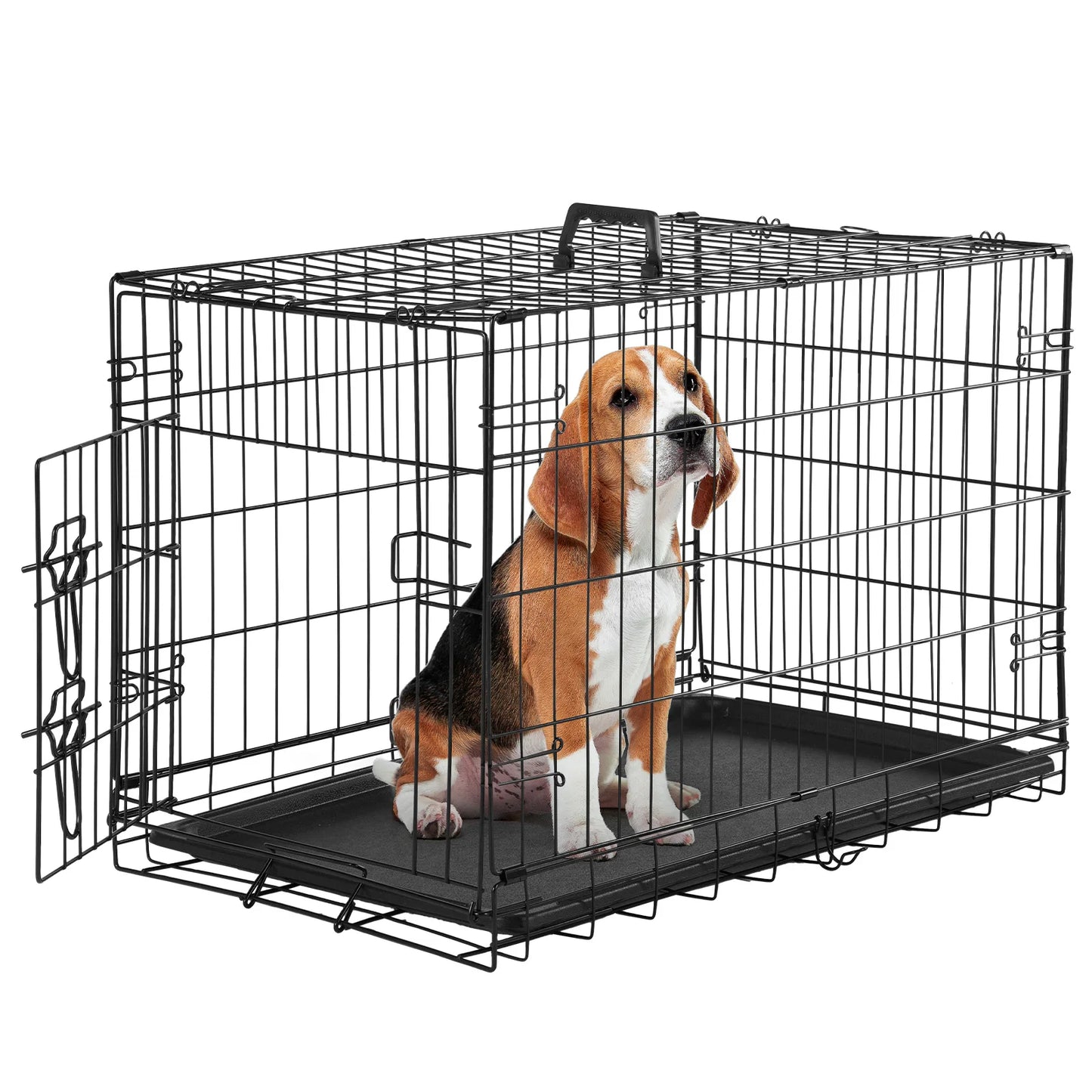 JHK 30IN Single Door Folding Metal Wire Dog Cage with Plastic Leak-Proof Pan Tray Extra Large Pet Kennel for Indoor Outdoor