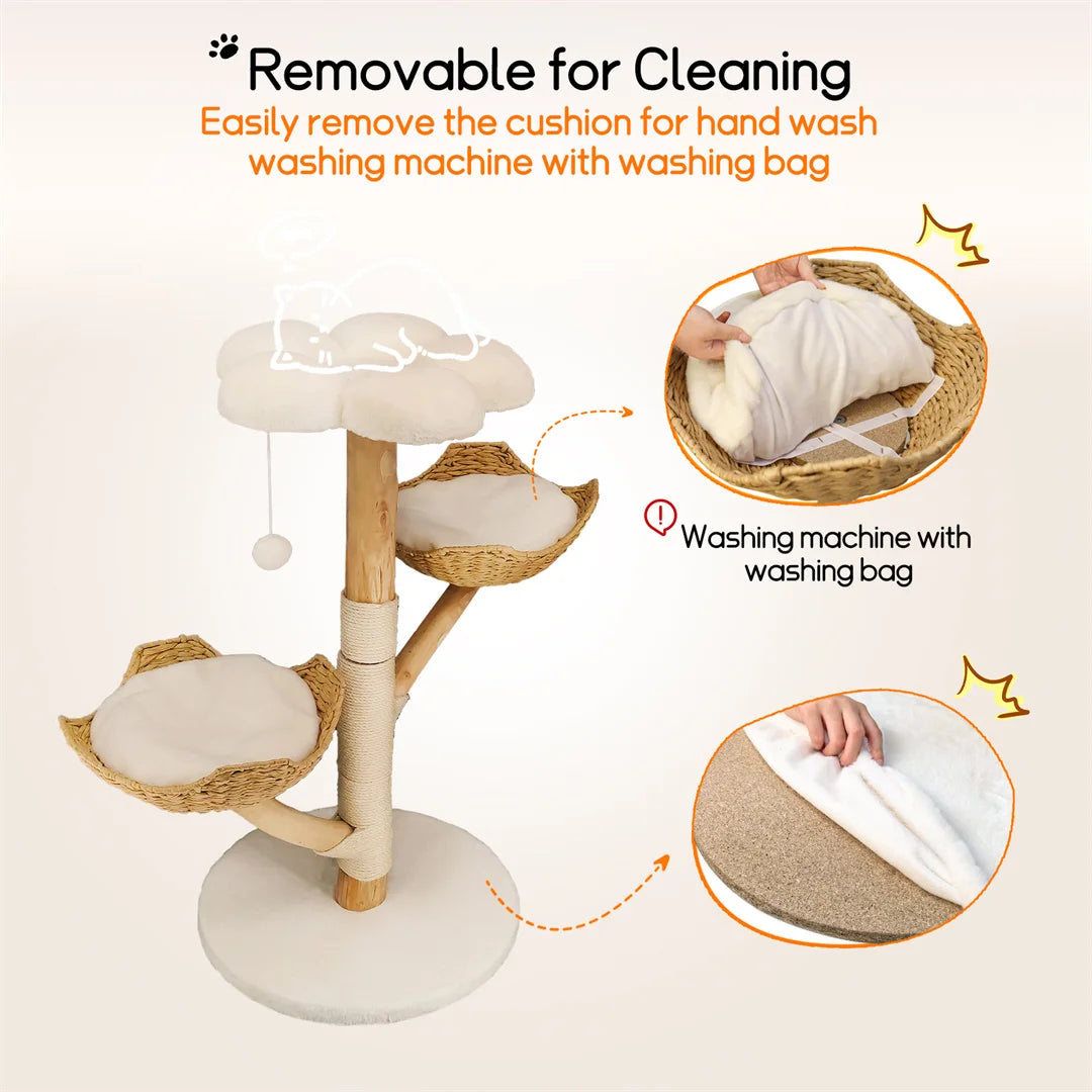 110cm Modern Cat Furniture Climbing Tree Solid Wood Activity Center with Scratching Post for Kitty