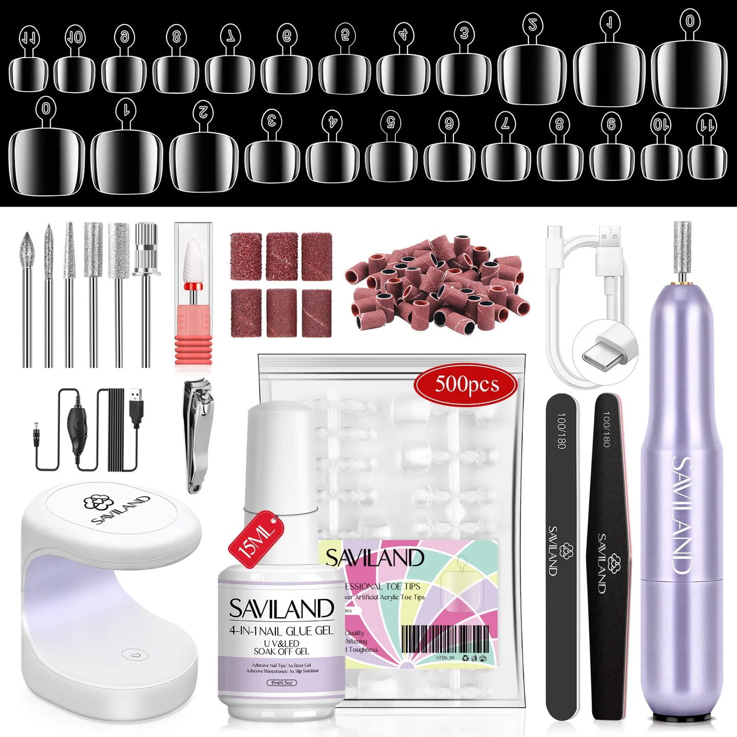 SAVILAND Gel X Nail Kit 500pcs Long Coffin Nail Tips with 15ml Nail Glue Gel Electric Nail Drill Machine UV Nail Lamp