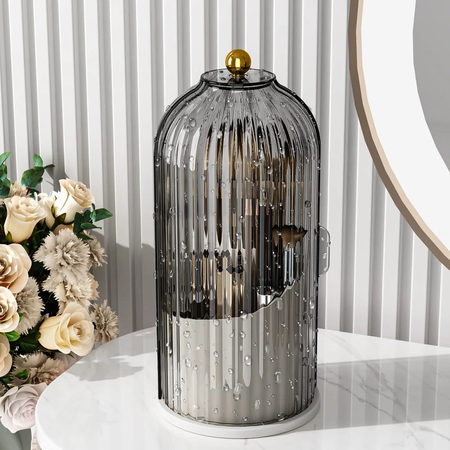 YOOLENS Makeup Brush Holder Organizer with Lid,360 Rotating Clear Dustproof Makeup Brushes Organizer for Vanity Desktop Bathroom