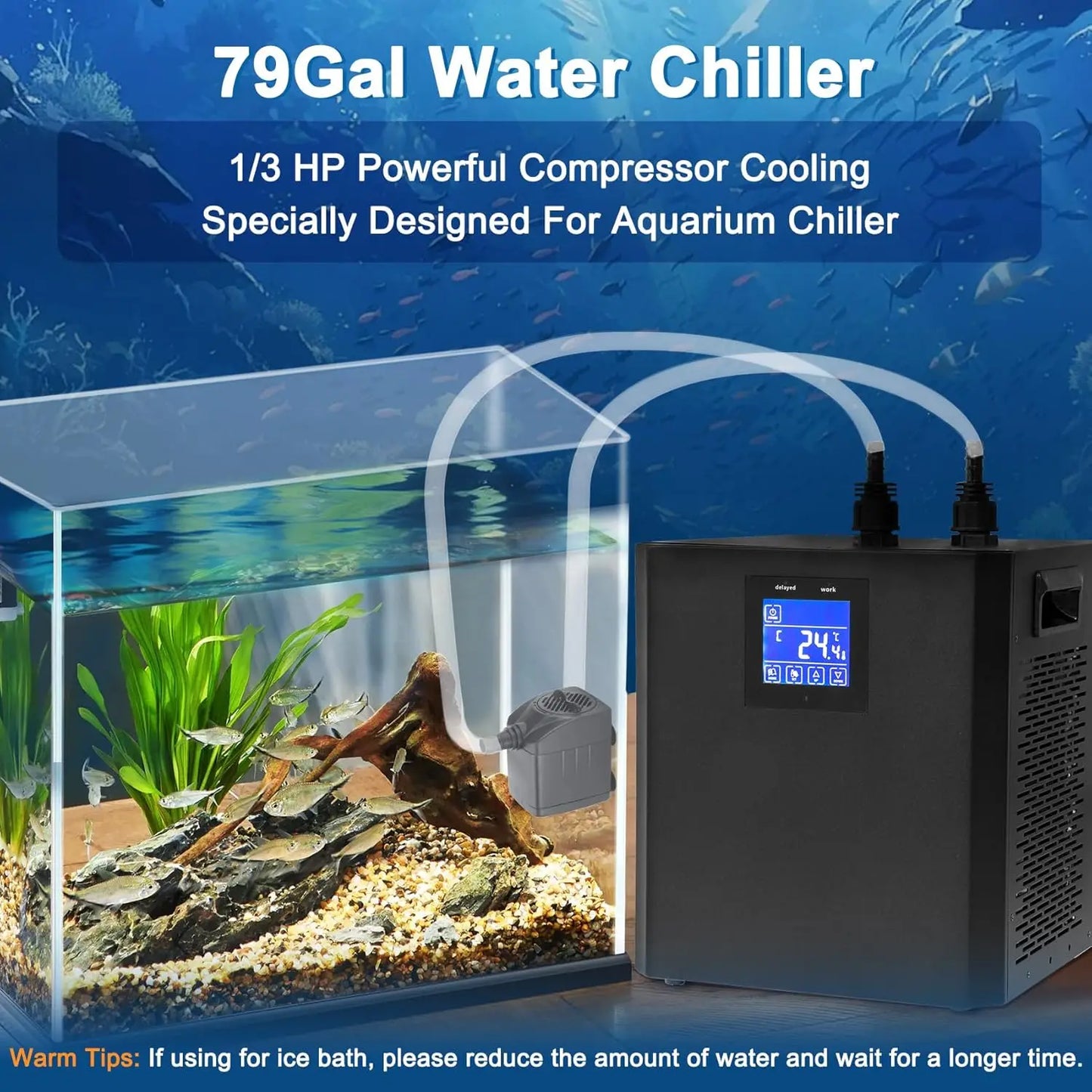 Aquarium Chiller for Fish Tank 79Gal Hydroponic Water Chiller 1/3HP Axolotl Cooler with Remote Control Pump Pipe Pet Products