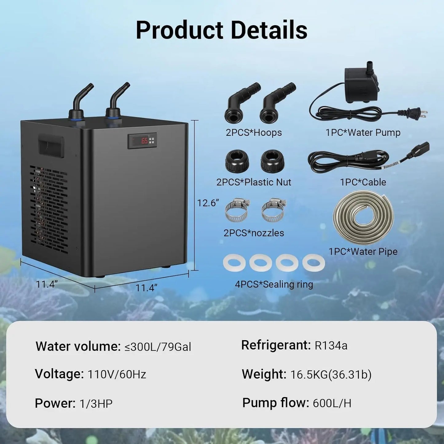 Aquarium Chiller for Fish Tank 79 Gallon 1/3 HP Hydroponics Compatible Quiet Design Refrigeration Compressor Water Chiller 300L