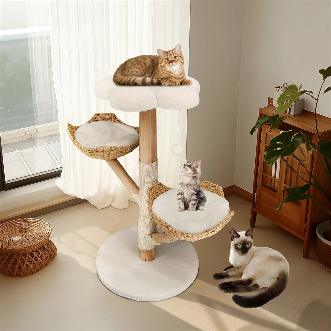 110cm Modern Cat Furniture Climbing Tree Solid Wood Activity Center with Scratching Post for Kitty