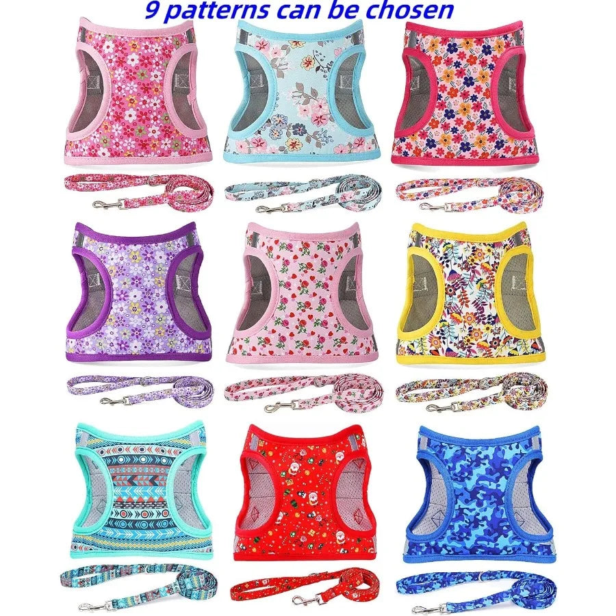 Step in Dog Harness Leash Set for All Weather Use with Reflective Details NoPull Design Floral Pattern Padded Mesh Vest Harness