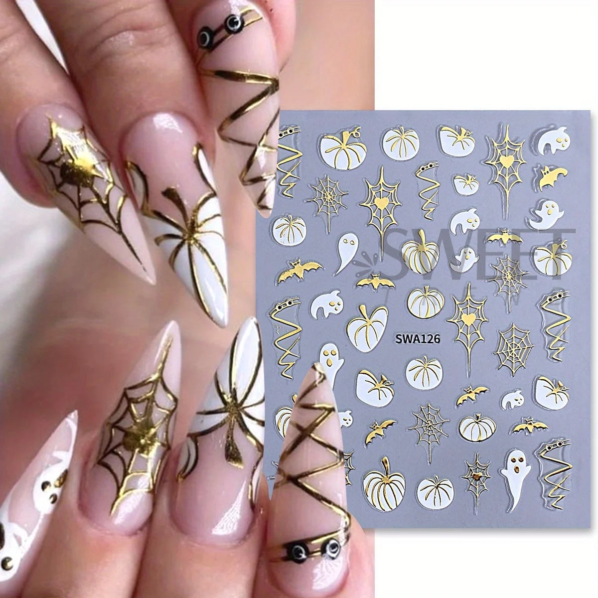 3pcs Metal Spooky Pumpkin Nail Art Stickers Glitter Spiders Web Maple Leaf Adhesive Decals French Halloween Foils Manicure Tips