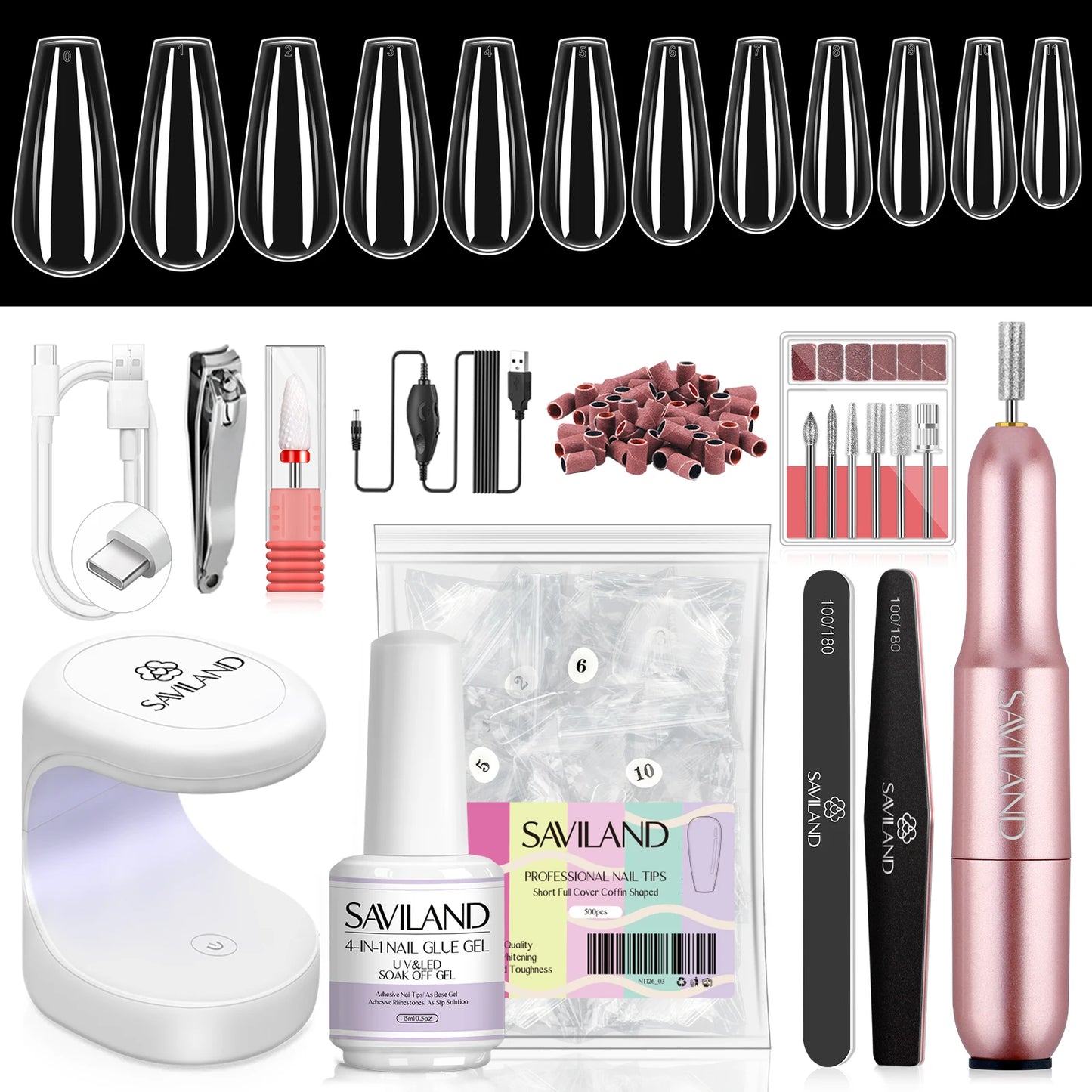 SAVILAND Gel X Nail Kit 500pcs Long Coffin Nail Tips with 15ml Nail Glue Gel Electric Nail Drill Machine UV Nail Lamp