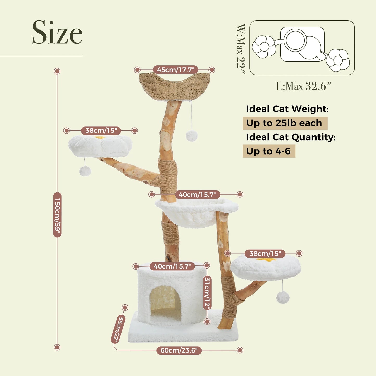 Large Cat Tree Tower with Sisal Scratching Post Wicker Basket Bed Flower Cat Condo Indoor Modern Cat Furniture Cat Accessories
