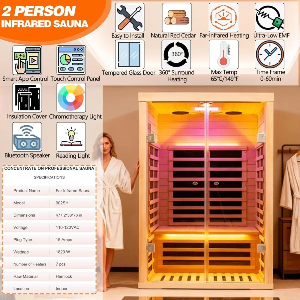 2 Person Ultra Low EMF Far Infrared Sauna for Home, Hemlock Wood with Bluetooth & Chromatherapy