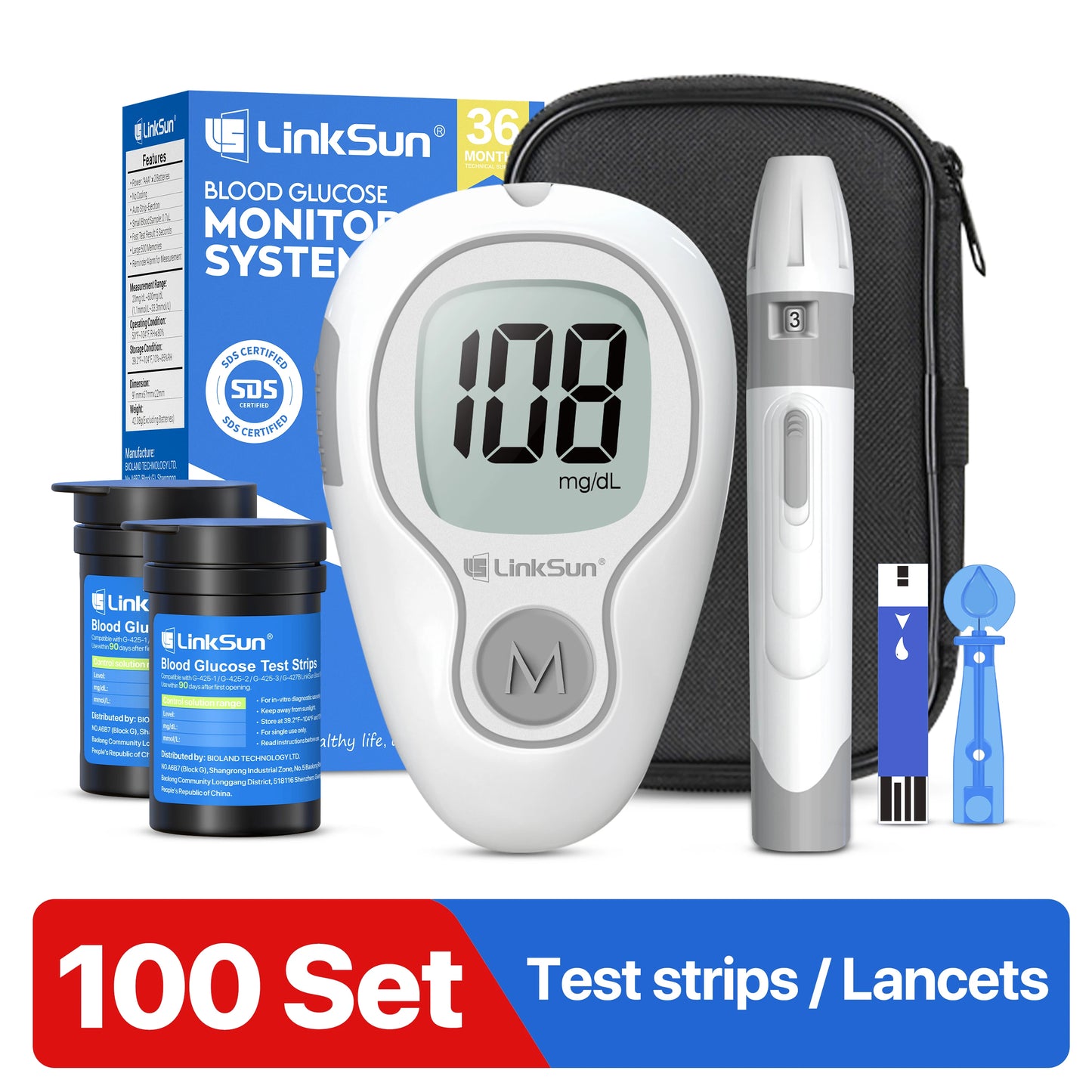 G-425-3 LinkSun Blood Glucose Meter Glucometer Complete Kit Diabetes Accessories Finger Blood Digital Glucose Sugar Test Machine