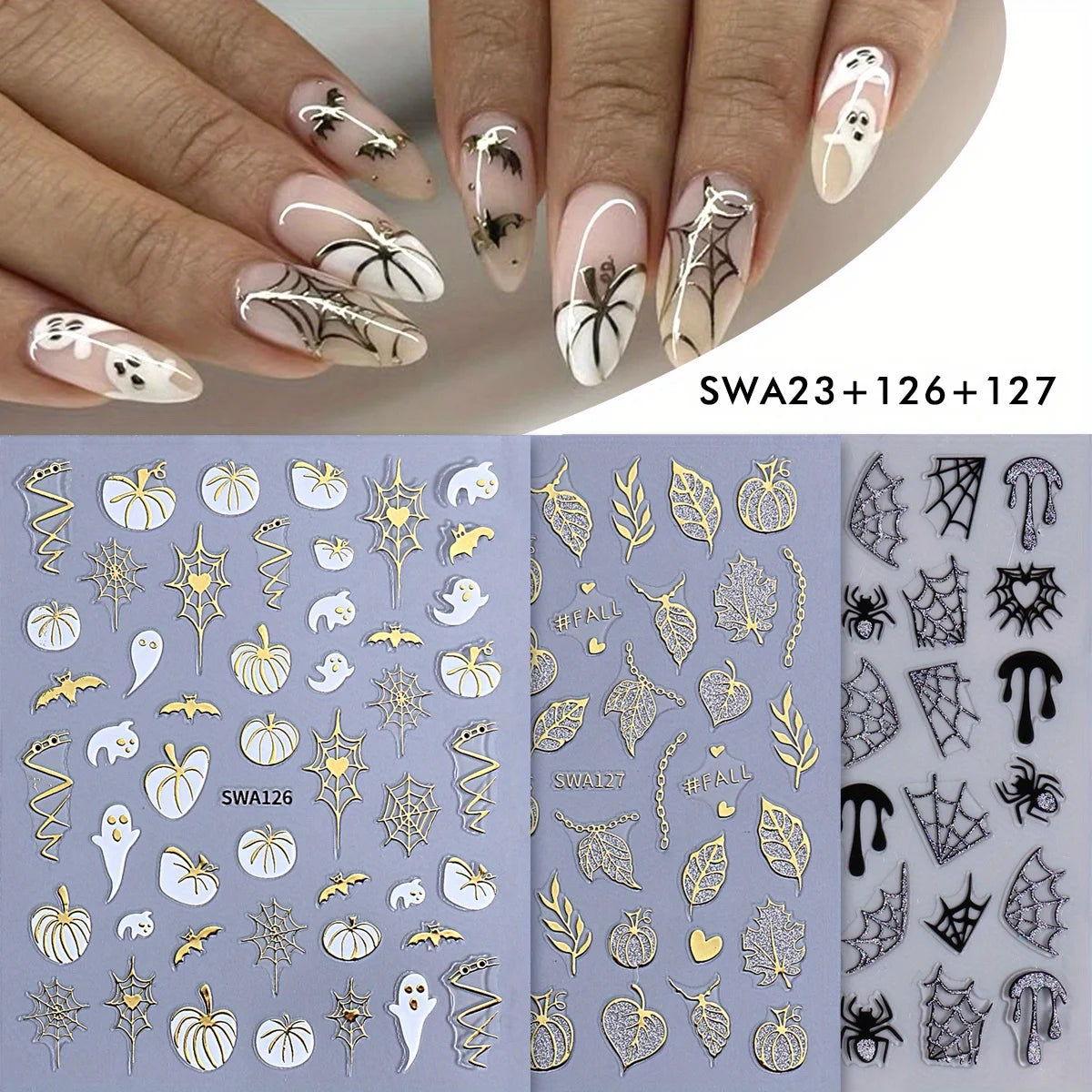 3pcs Metal Spooky Pumpkin Nail Art Stickers Glitter Spiders Web Maple Leaf Adhesive Decals French Halloween Foils Manicure Tips