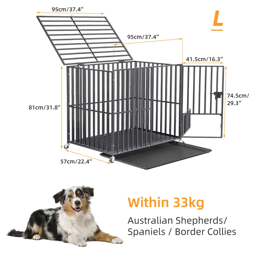 XXL Large Heavy Duty Dog Crate Strong Pet Cage Tear Resistant Square Tube Metal Kennel Playpen with Lockable Wheels and Tray