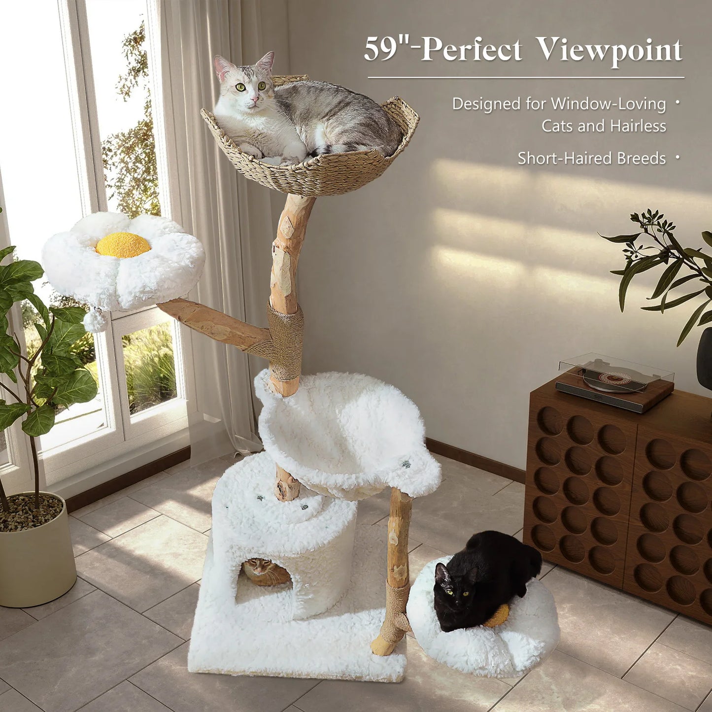 Large Cat Tree Tower with Sisal Scratching Post Wicker Basket Bed Flower Cat Condo Indoor Modern Cat Furniture Cat Accessories