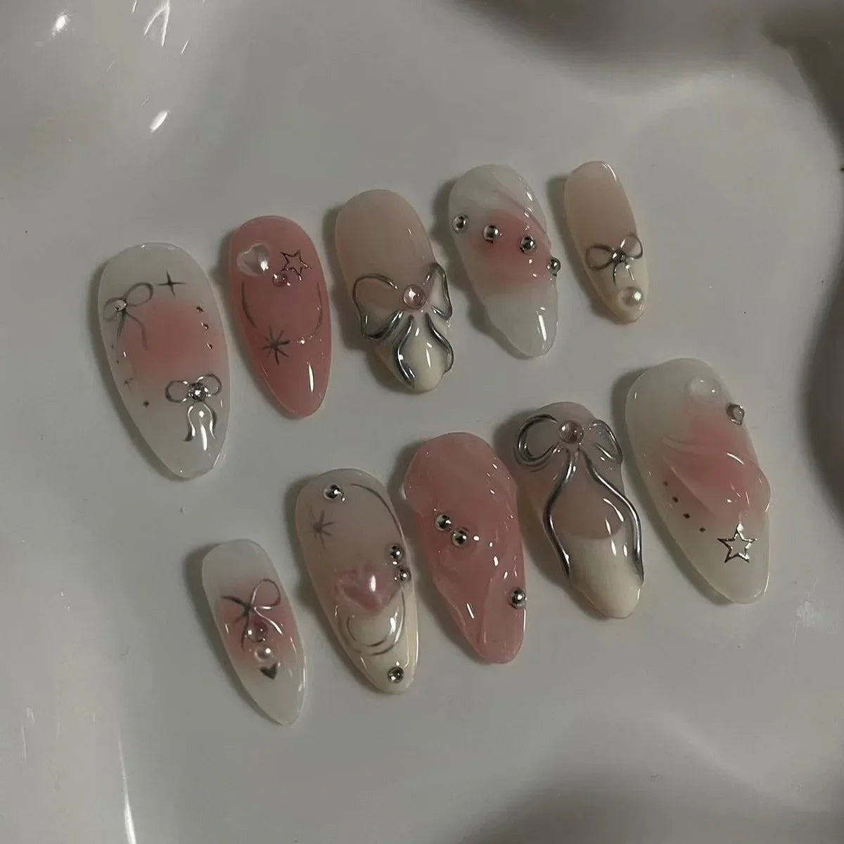 24PCS Wine Red Almond Press on Nails Cartoon Rabbit Bowknot with Plaid Pearl Designs French Fake Nails for Girls Detachable Nail