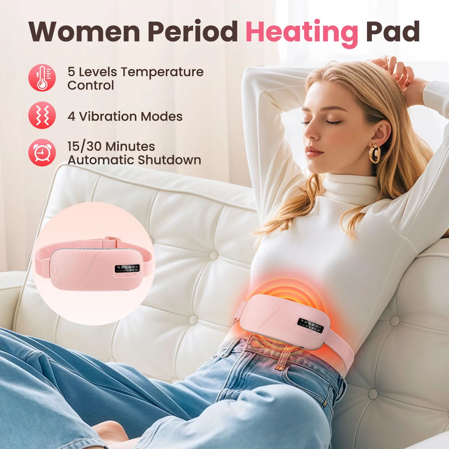 5 Modes Electric Heating Vibration Waist Massage Belt Smart Warm Palace Women Menstrual Heating Pad for for Cramps Period Relief