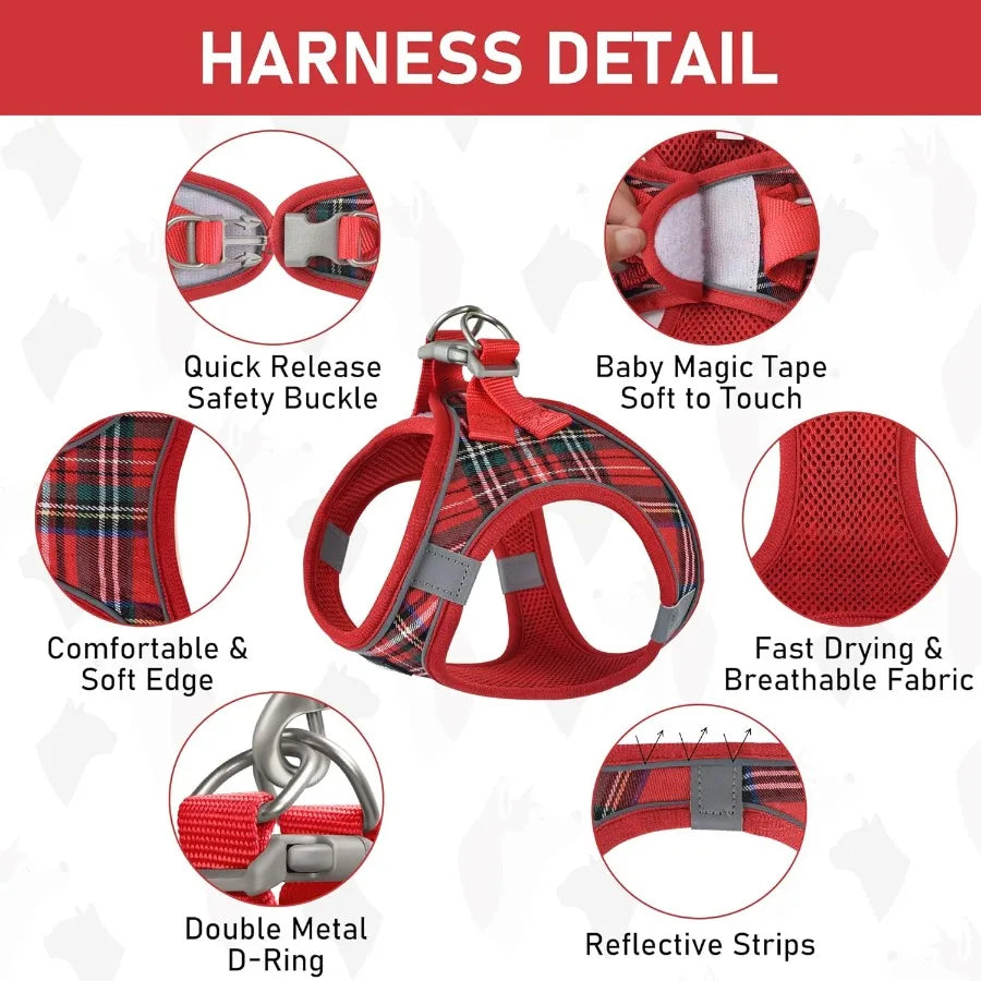 Small Dog Harness Collar and Leash Set for Puppy Cats Kitten Rabbit with Soft Mesh Adjustable Vest Design in Plaid Reflective P