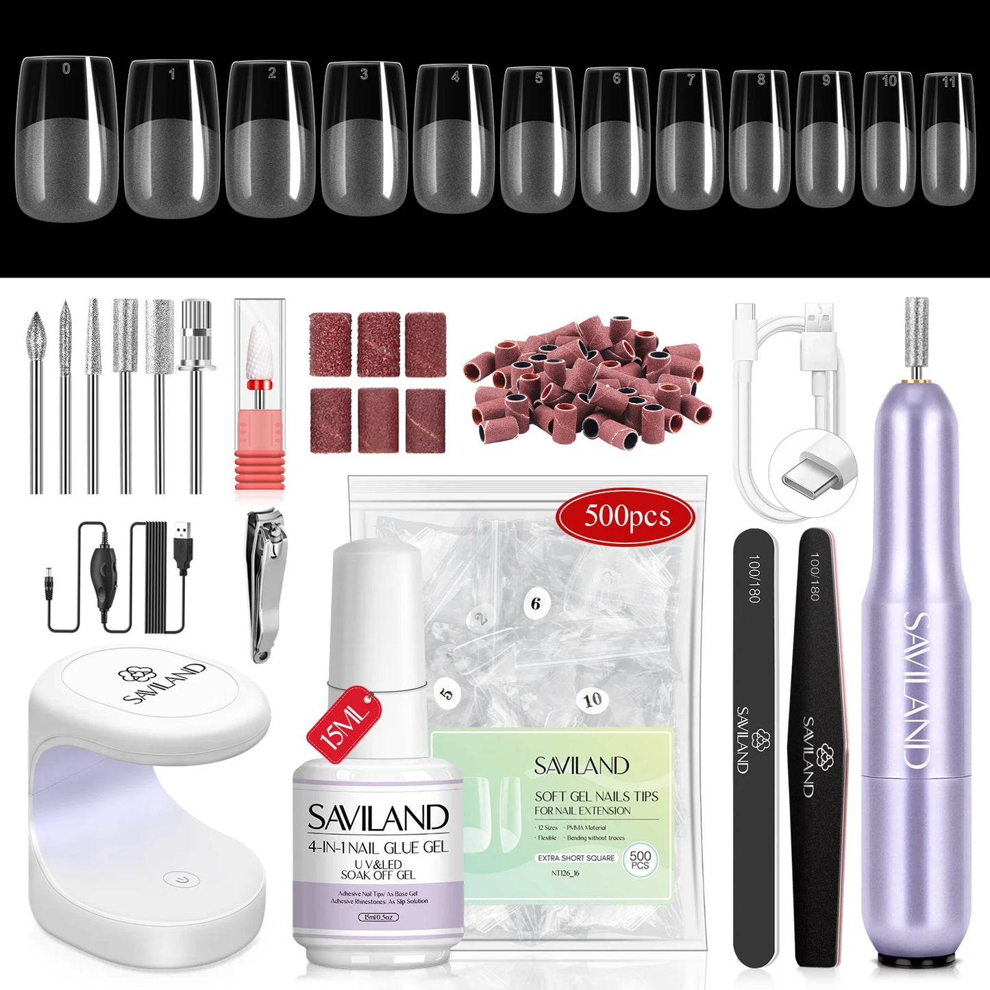 SAVILAND Gel X Nail Kit 500pcs Long Coffin Nail Tips with 15ml Nail Glue Gel Electric Nail Drill Machine UV Nail Lamp
