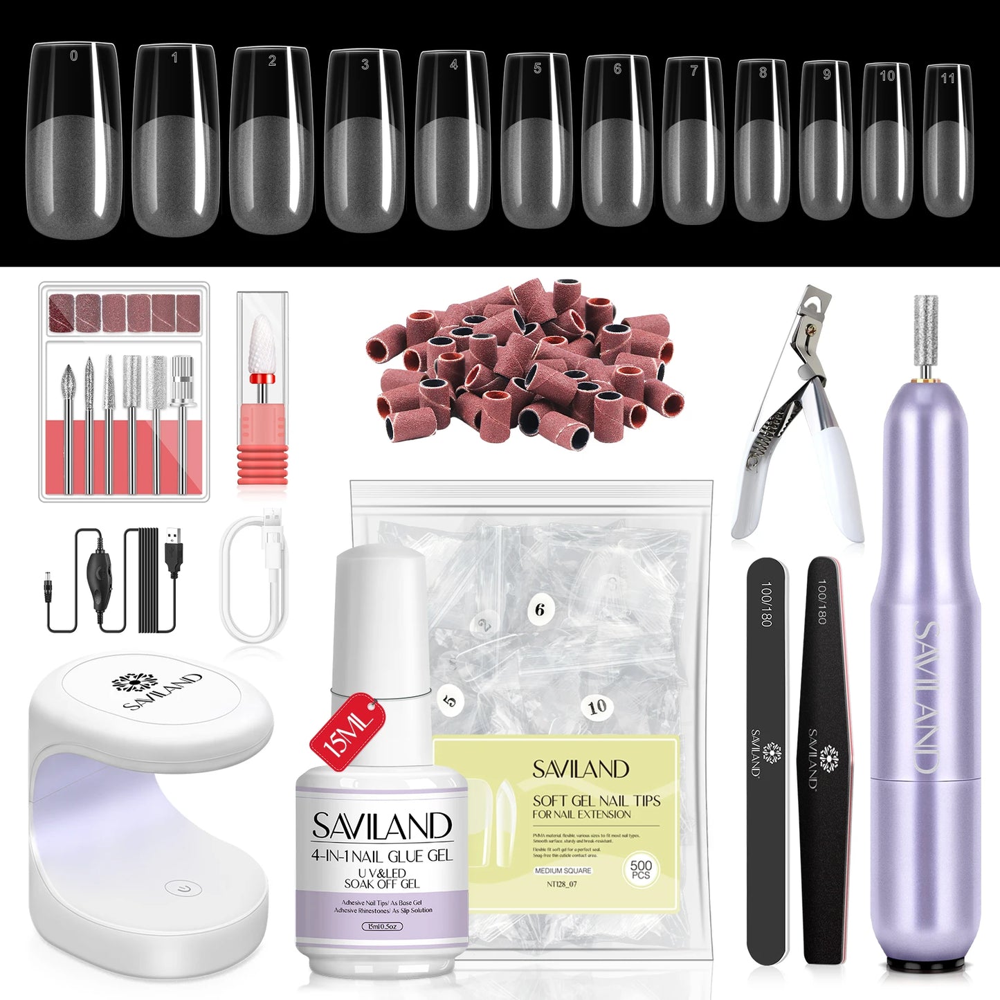 SAVILAND Gel X Nail Kit 500pcs Long Coffin Nail Tips with 15ml Nail Glue Gel Electric Nail Drill Machine UV Nail Lamp