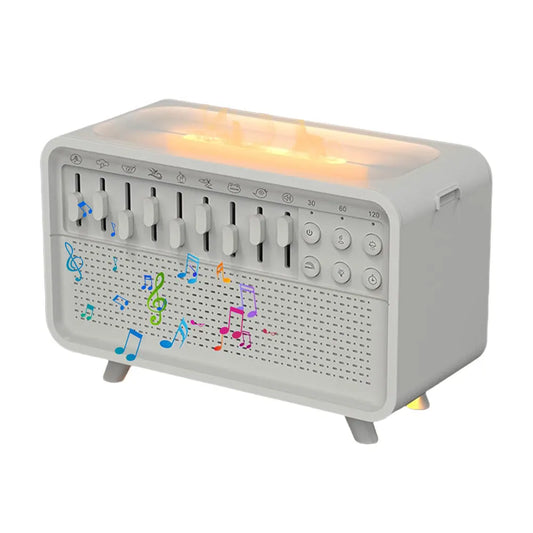 White Noise Machine Flame Air Diffuser Humidifier with 8 Nature Sounds BT Speaker Night Light Essential Oil Diffuser