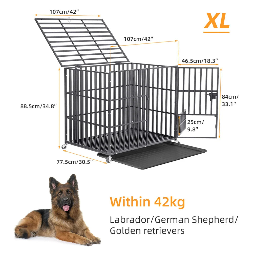 XXL Large Heavy Duty Dog Crate Strong Pet Cage Tear Resistant Square Tube Metal Kennel Playpen with Lockable Wheels and Tray