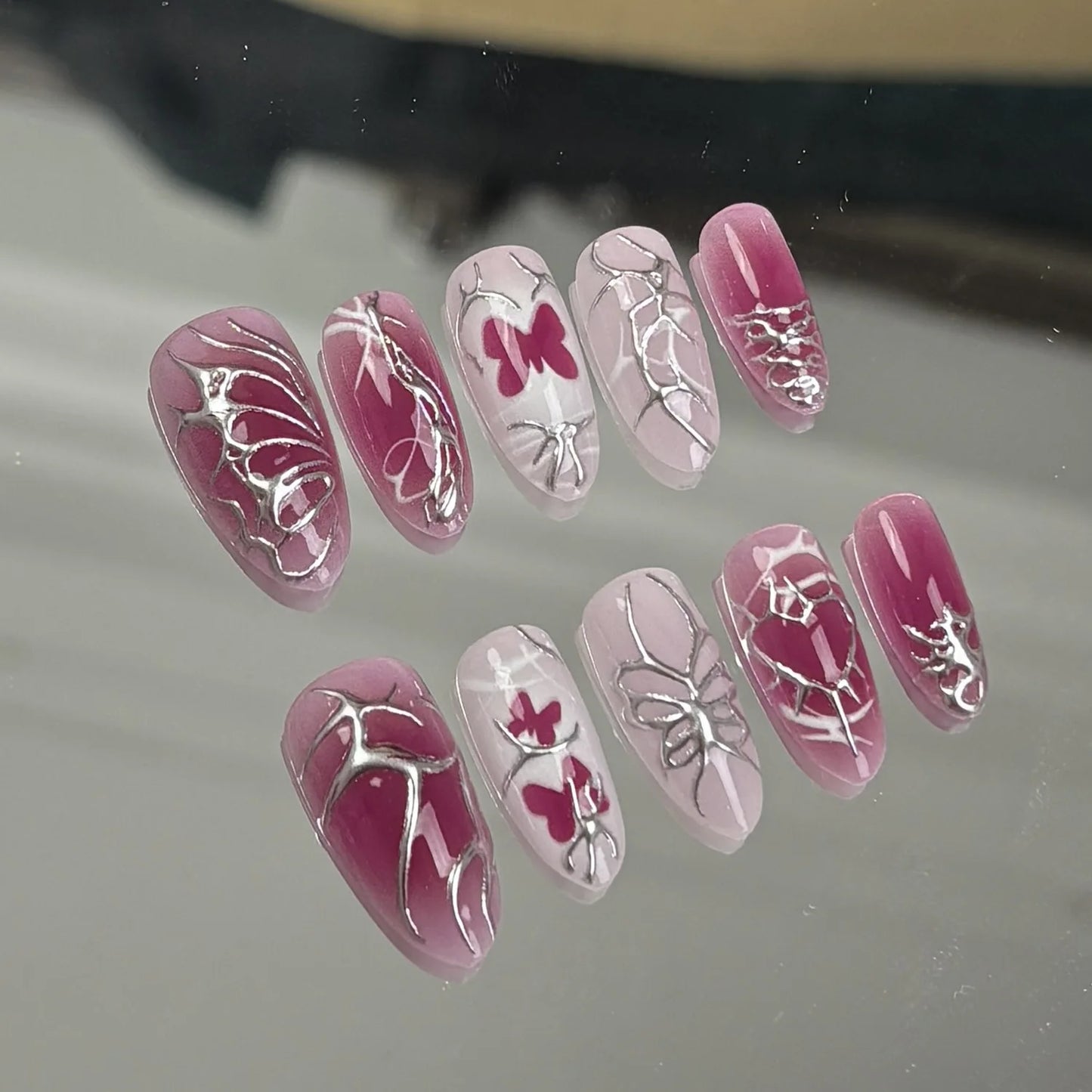 24PCS Wine Red Almond Press on Nails Cartoon Rabbit Bowknot with Plaid Pearl Designs French Fake Nails for Girls Detachable Nail