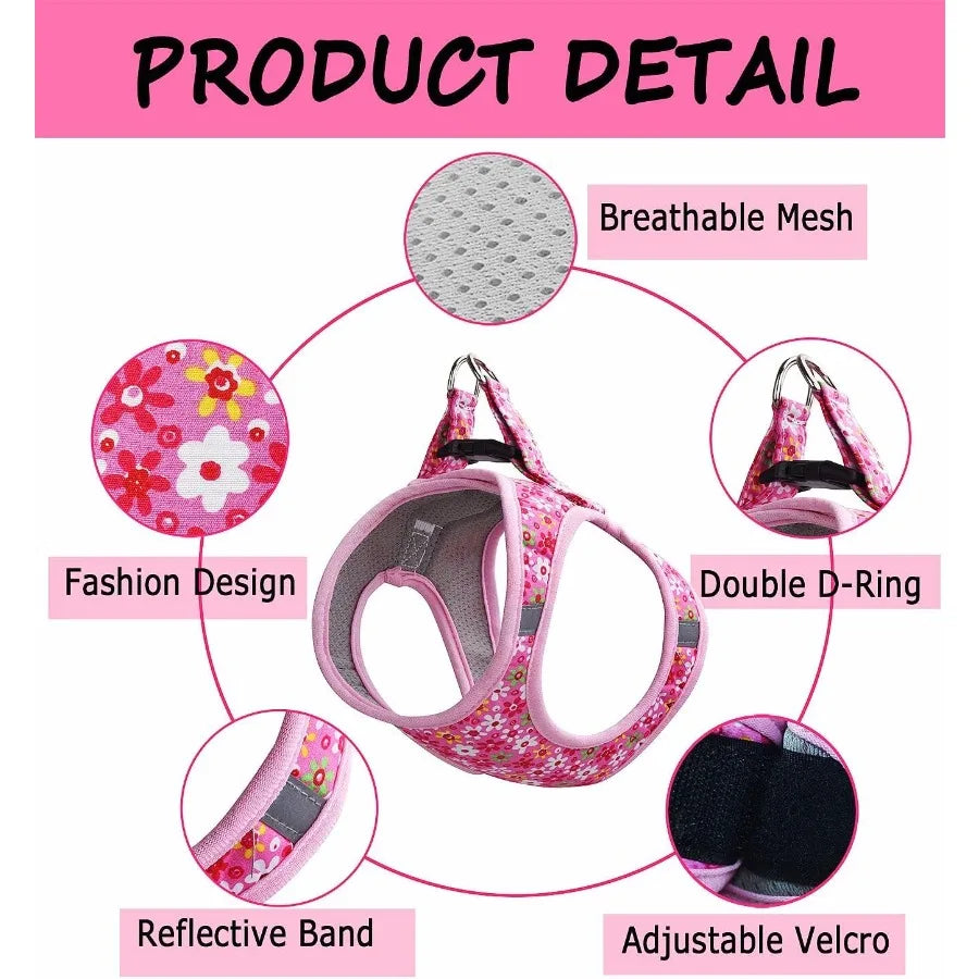 Step in Dog Harness Leash Set for All Weather Use with Reflective Details NoPull Design Floral Pattern Padded Mesh Vest Harness