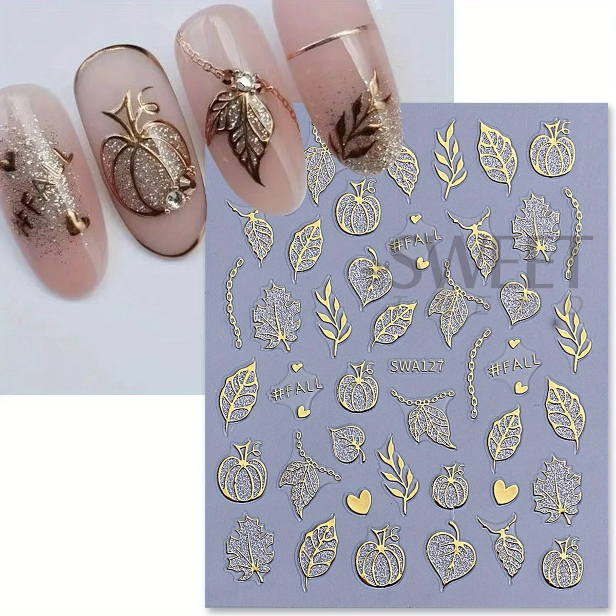 3pcs Metal Spooky Pumpkin Nail Art Stickers Glitter Spiders Web Maple Leaf Adhesive Decals French Halloween Foils Manicure Tips
