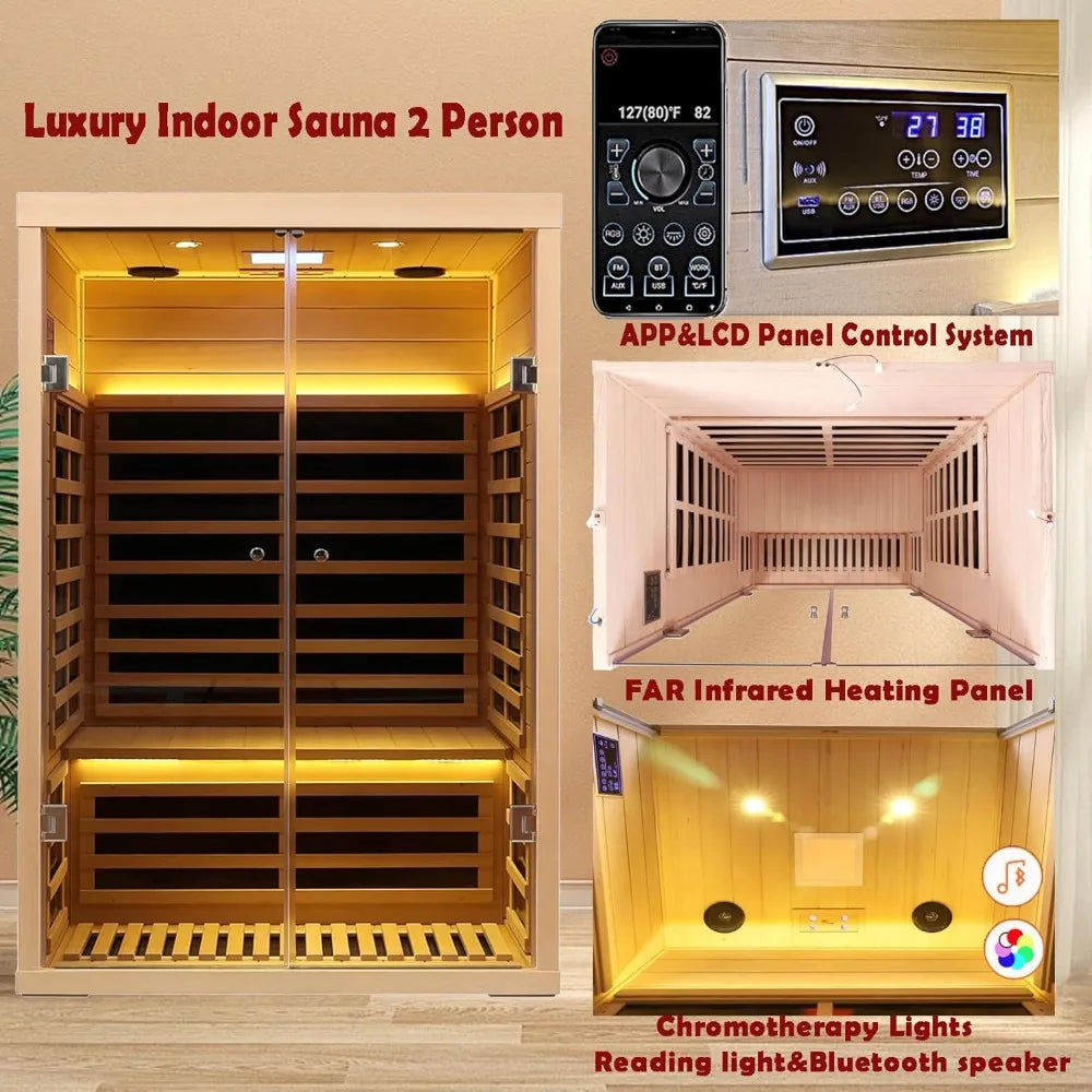 2 Person Ultra Low EMF Far Infrared Sauna for Home, Hemlock Wood with Bluetooth & Chromatherapy