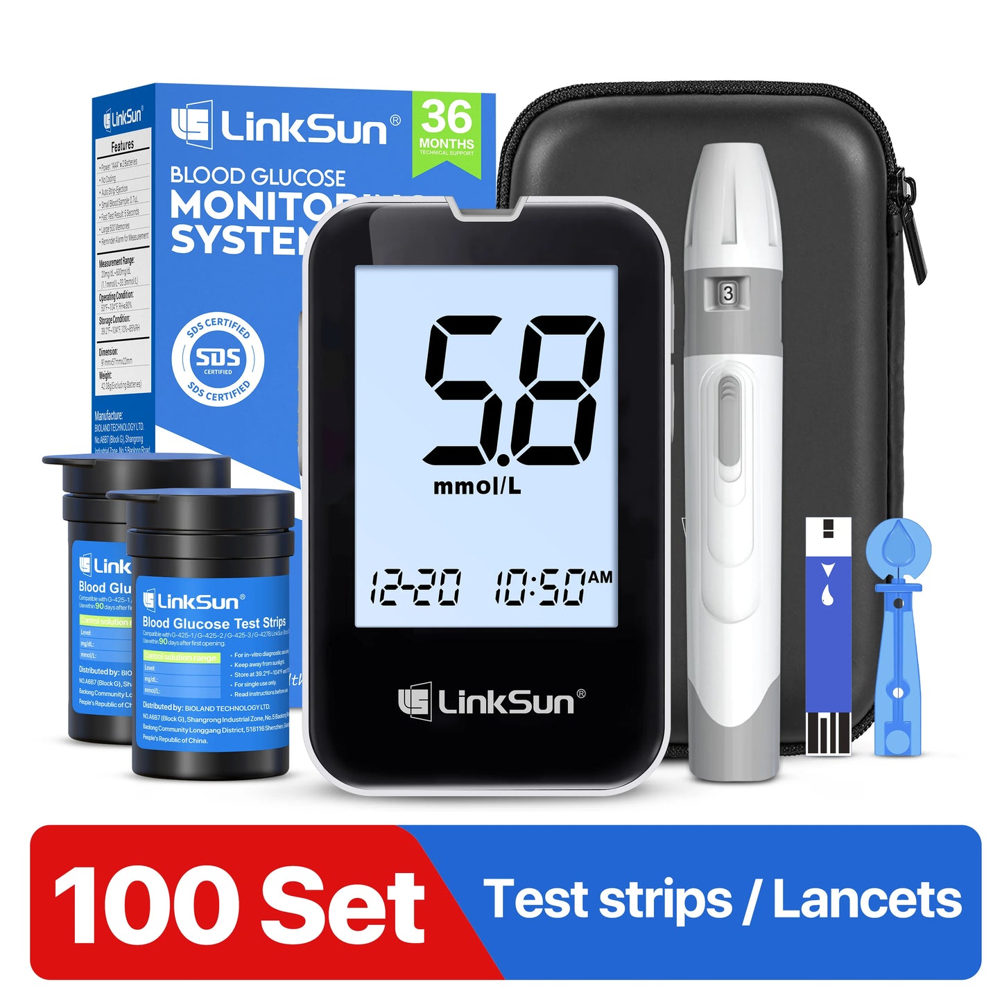G-425-3 LinkSun Blood Glucose Meter Glucometer Complete Kit Diabetes Accessories Finger Blood Digital Glucose Sugar Test Machine