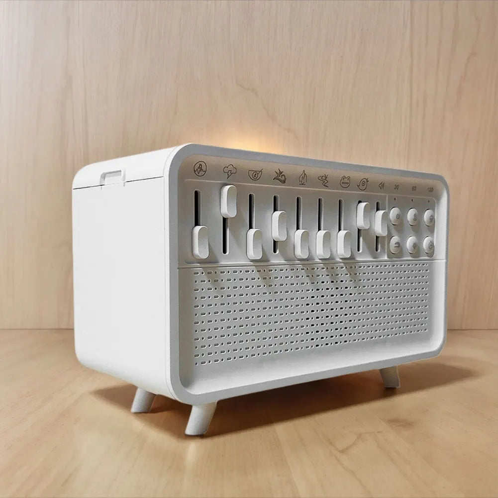 White Noise Machine Flame Air Diffuser Humidifier with 8 Nature Sounds BT Speaker Night Light Essential Oil Diffuser