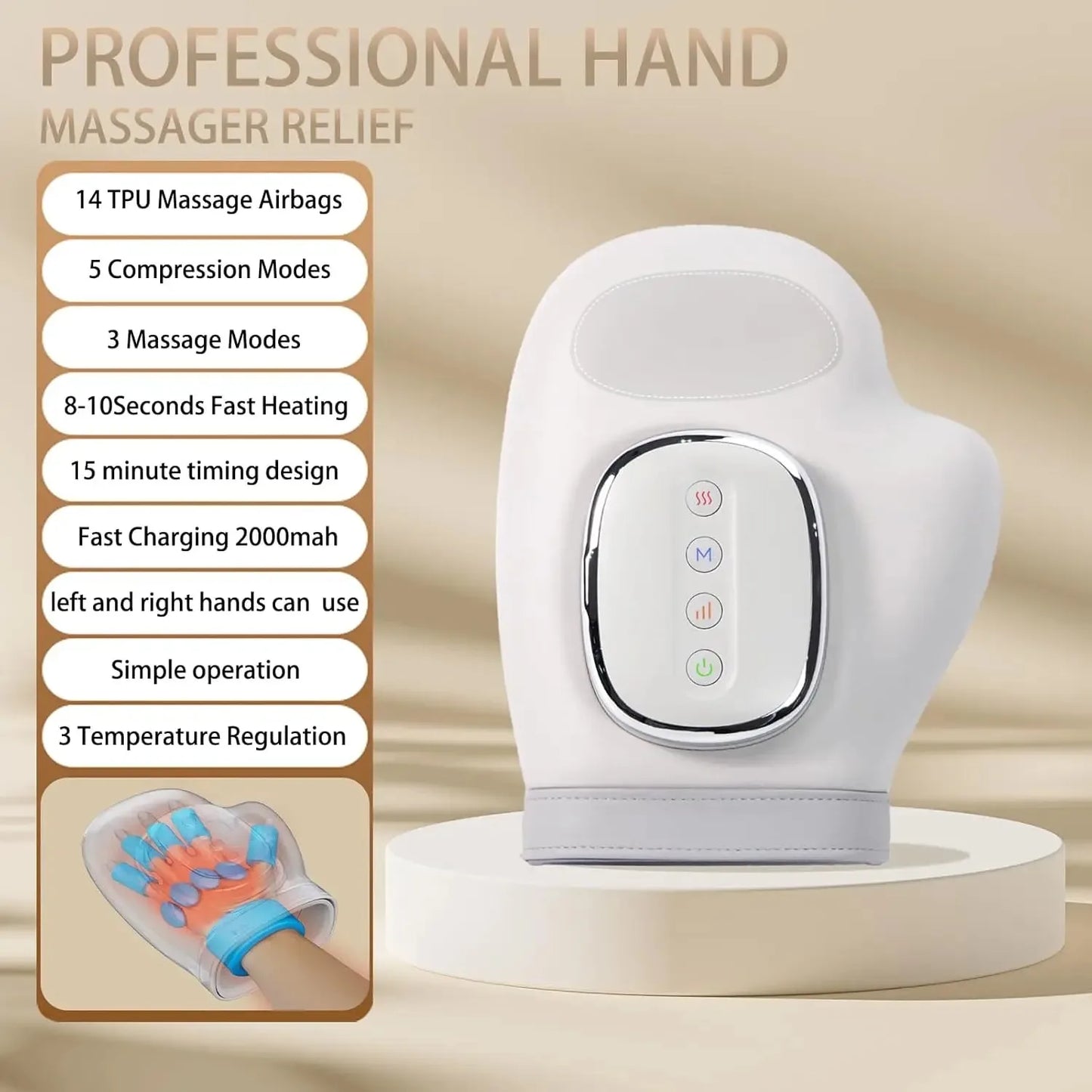 Hand Massager with Heat and Airbag Compression Carpal Tunnel Wrist Finger Kneading Massage Device Electric Vibration Gloves
