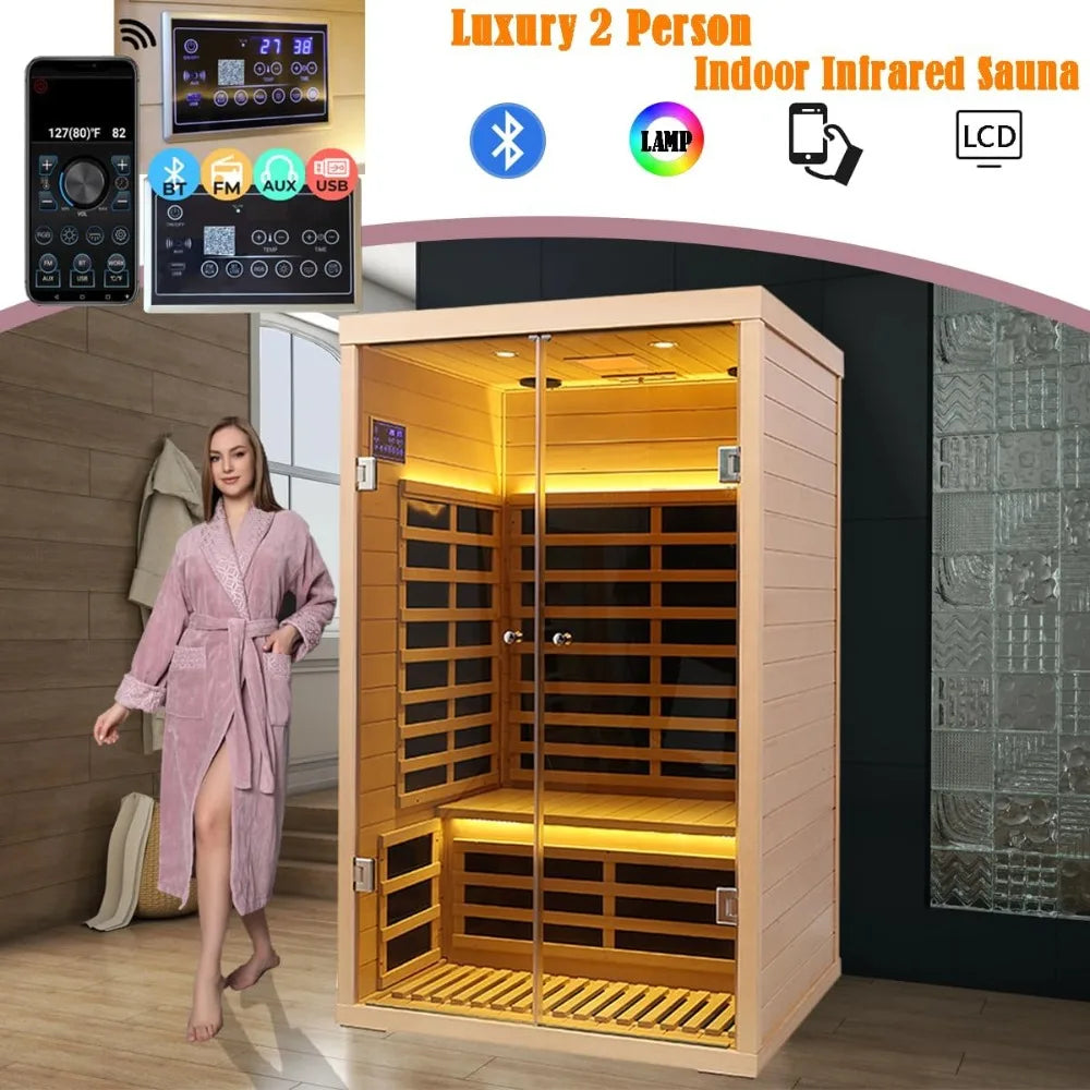 2 Person Ultra Low EMF Far Infrared Sauna for Home, Hemlock Wood with Bluetooth & Chromatherapy