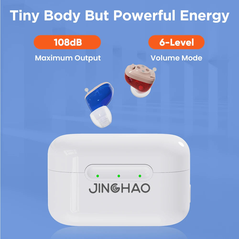 JINGHAO Mini Hearing Aids Digital In Ear Small Sound Voice Amplifier Enhancer with Charger Case