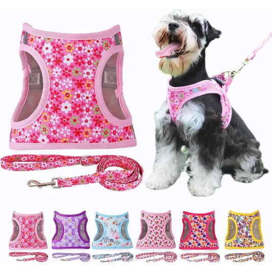 Step in Dog Harness Leash Set for All Weather Use with Reflective Details NoPull Design Floral Pattern Padded Mesh Vest Harness