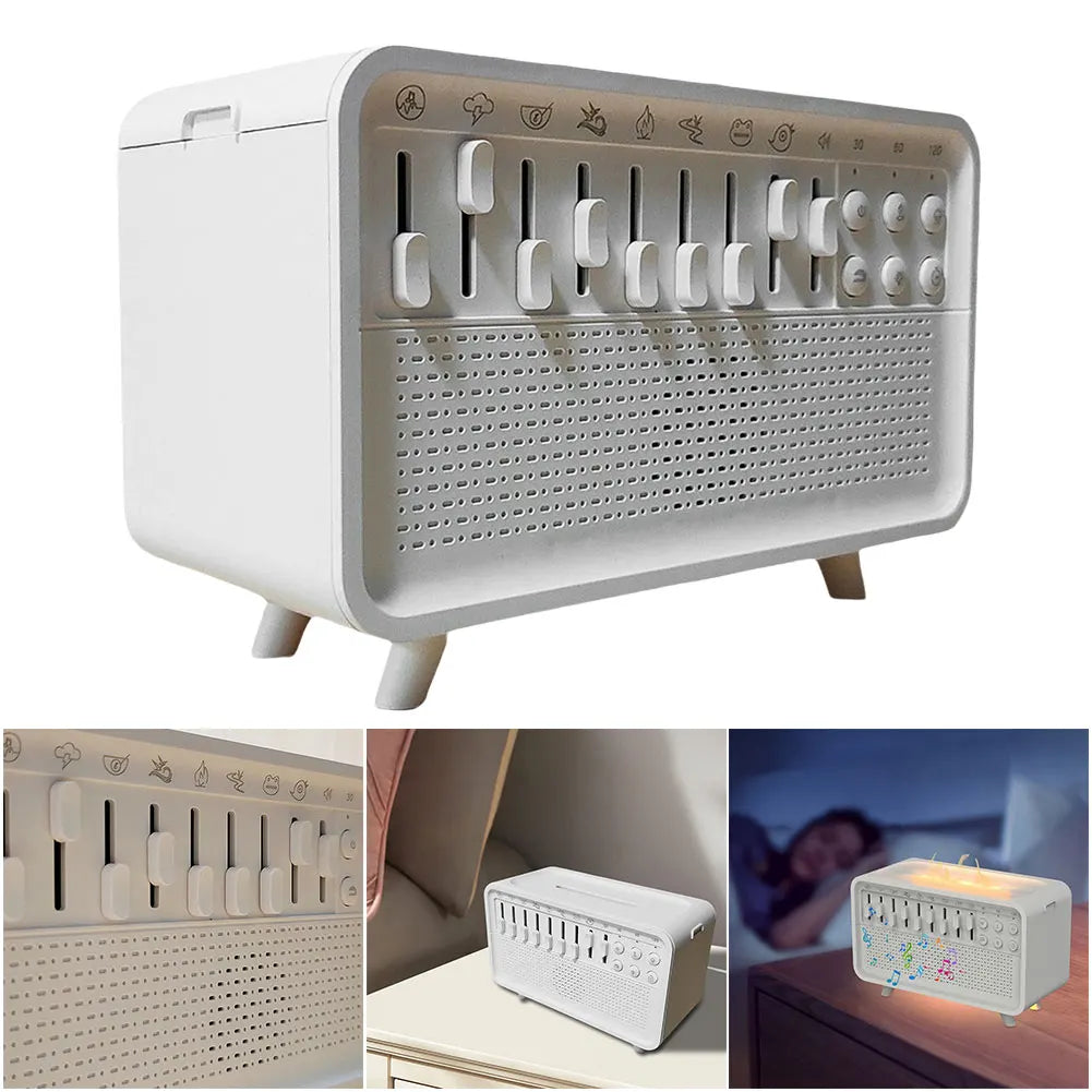 White Noise Machine Flame Air Diffuser Humidifier with 8 Nature Sounds BT Speaker Night Light Essential Oil Diffuser