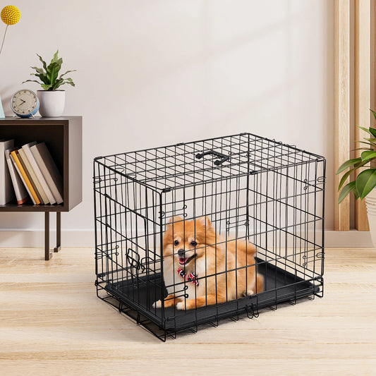 JHK 30IN Single Door Folding Metal Wire Dog Cage with Plastic Leak-Proof Pan Tray Extra Large Pet Kennel for Indoor Outdoor