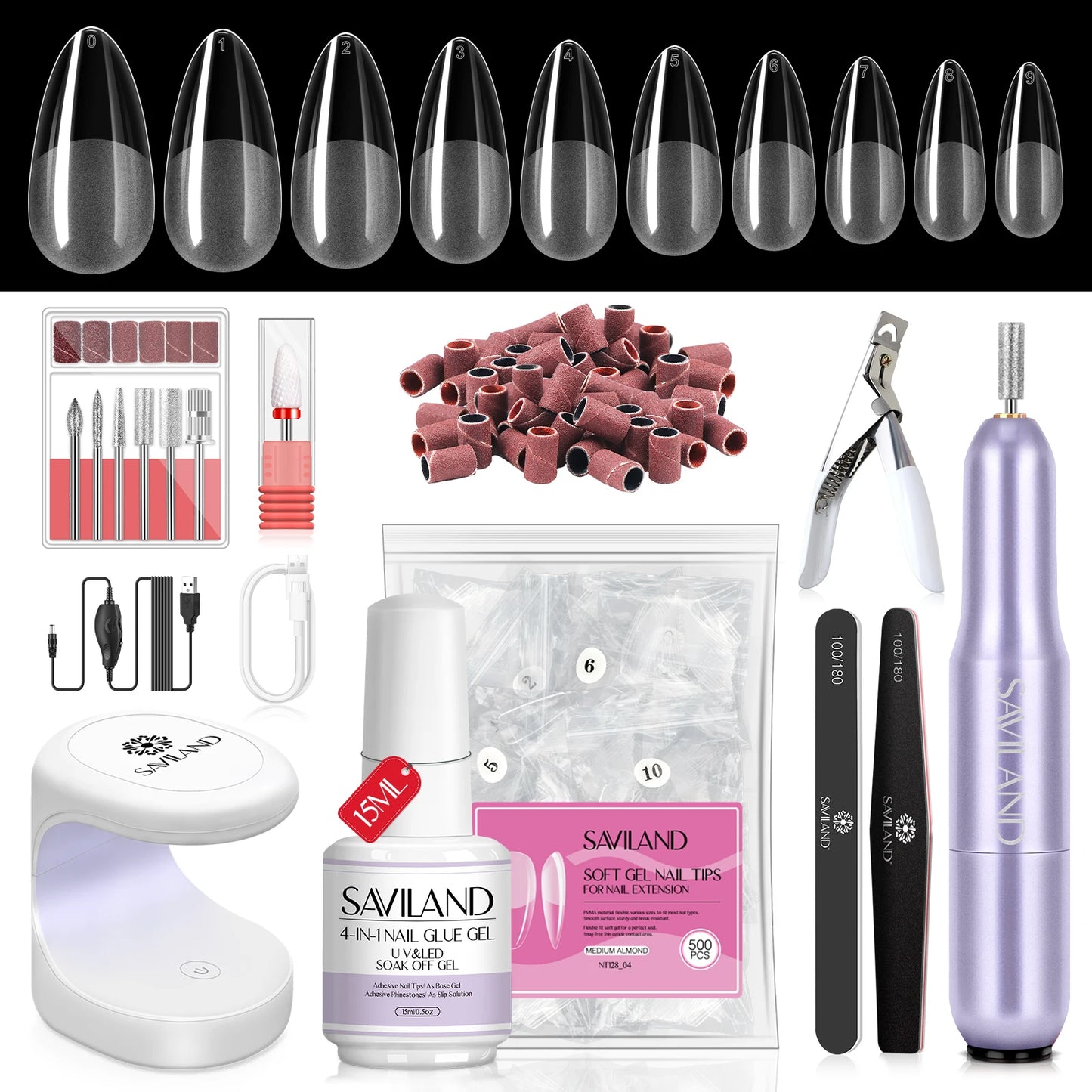 SAVILAND Gel X Nail Kit 500pcs Long Coffin Nail Tips with 15ml Nail Glue Gel Electric Nail Drill Machine UV Nail Lamp